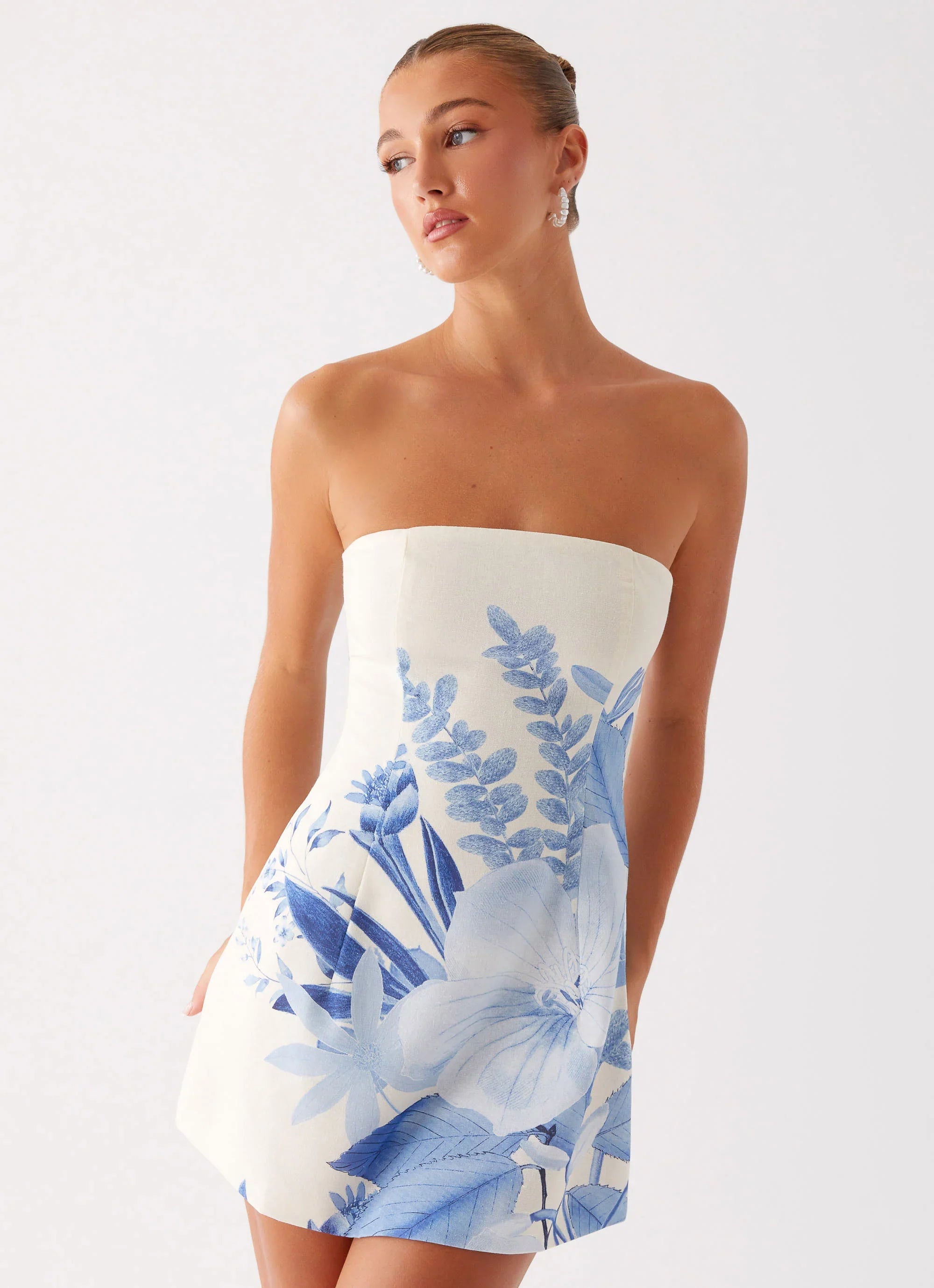 Denby Strapless Mini Dress Blue Floral Print