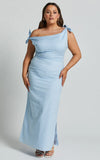 Cincinnati Midi Dress Off The Shoulder Side Split Column Linen Dress in Pale Blue