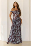 Mystic Marble Print Off Shoulder Maxi Dress Teal