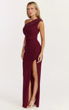 Helen Maxi Dress One Shoulder Draped Fitted Dress in Wine