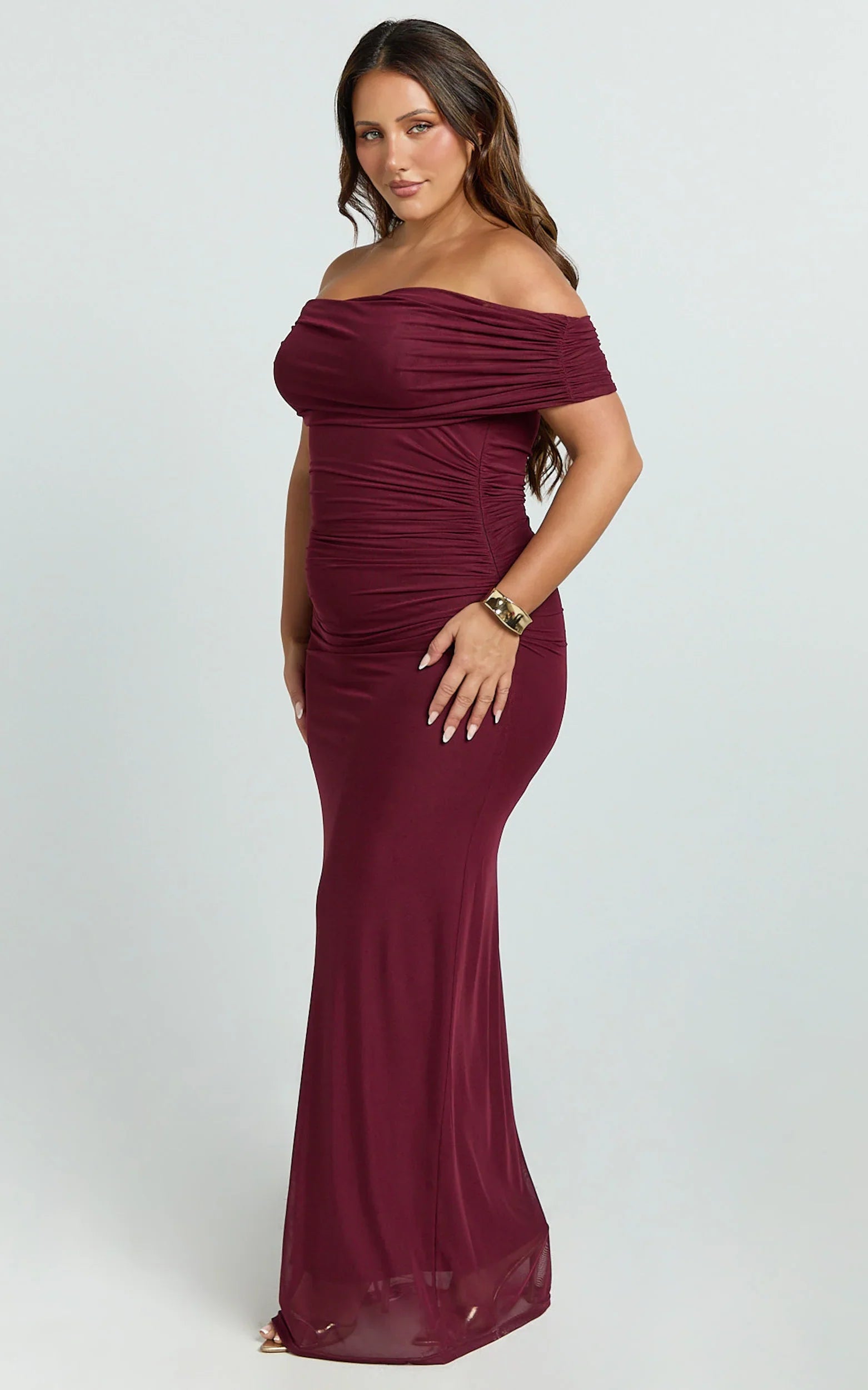 Caterina Maxi Ruched Off Shoulder Mesh Dress in Wine
