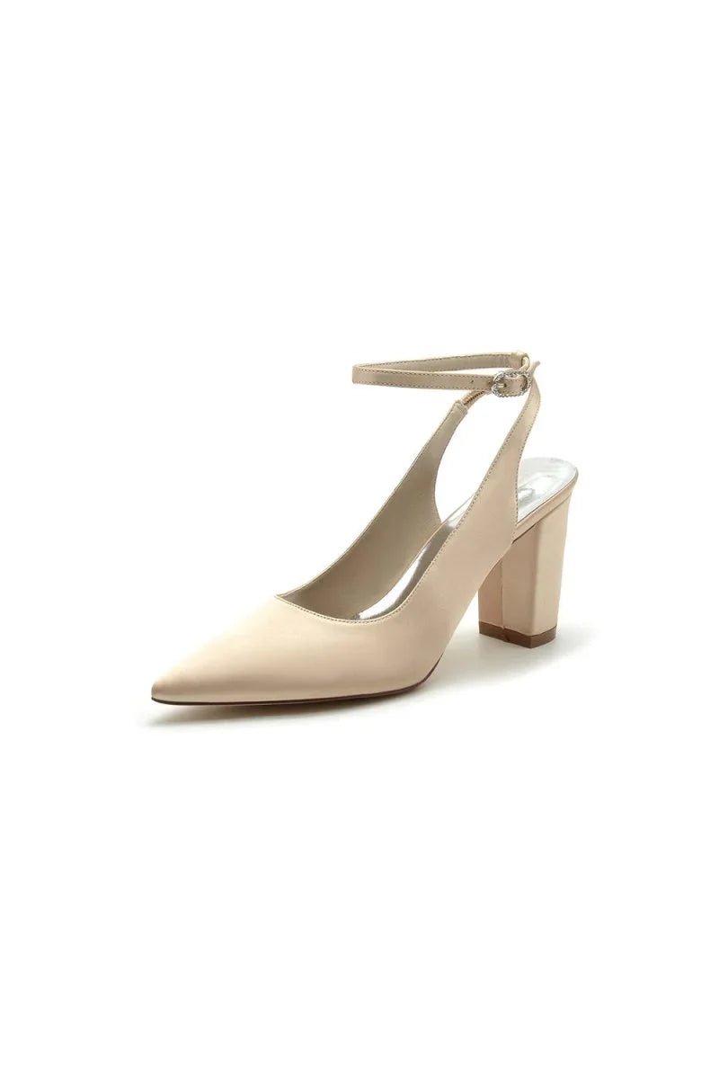 Satin Pointed Toe Ankle Strap Chunky Heels