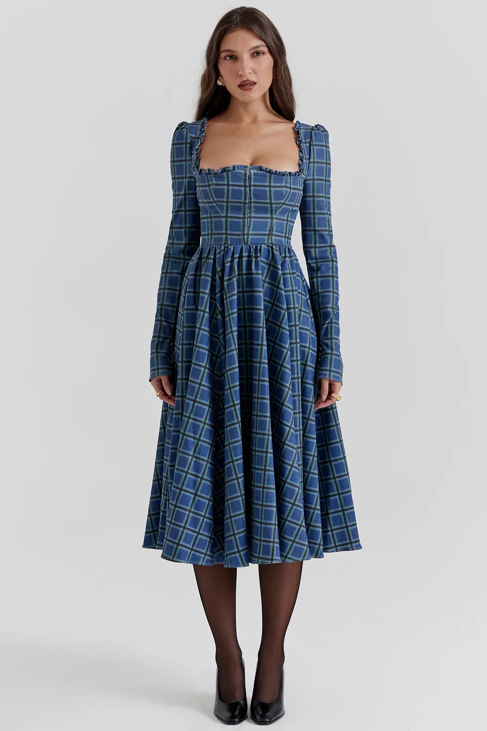 blue tartan midi dress