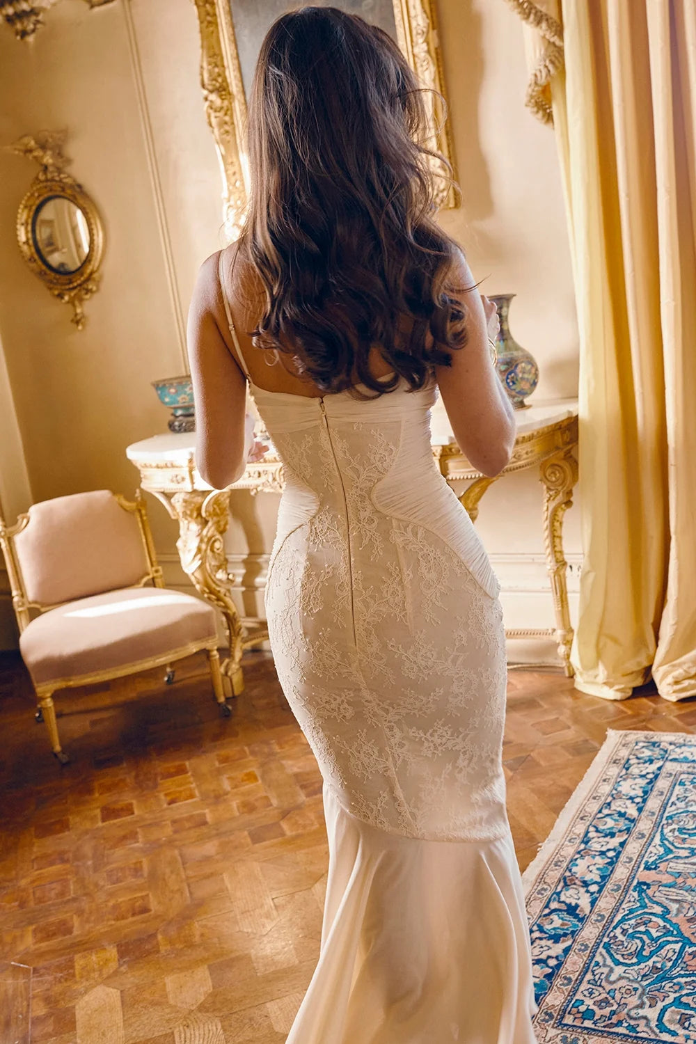vanilla chiffon lace gown