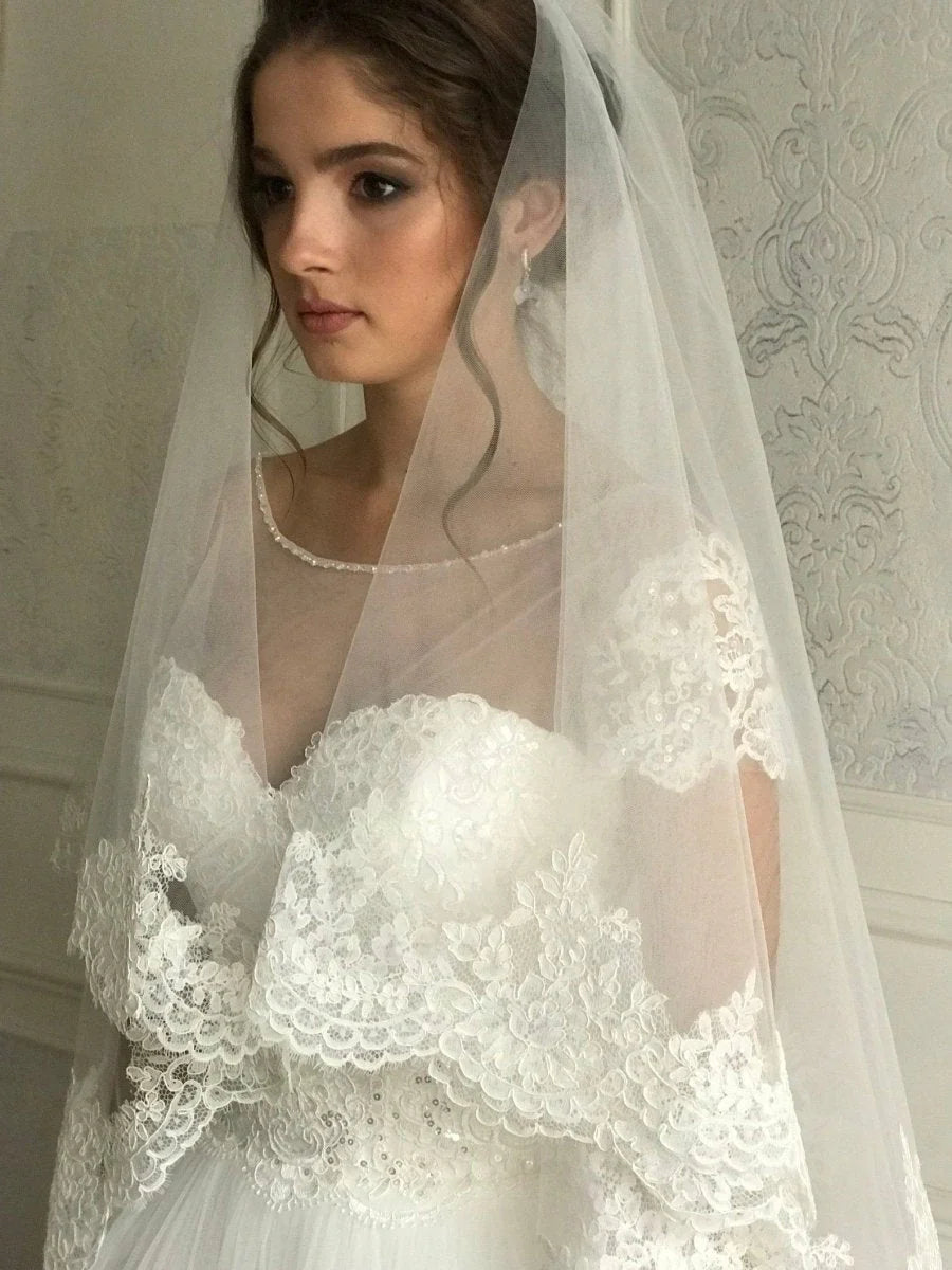 Vintage White Lace Double Tiers Long Wedding veil