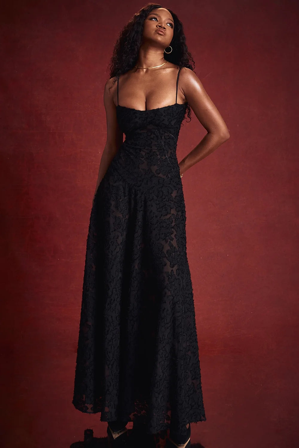 black floral lace back maxi dress