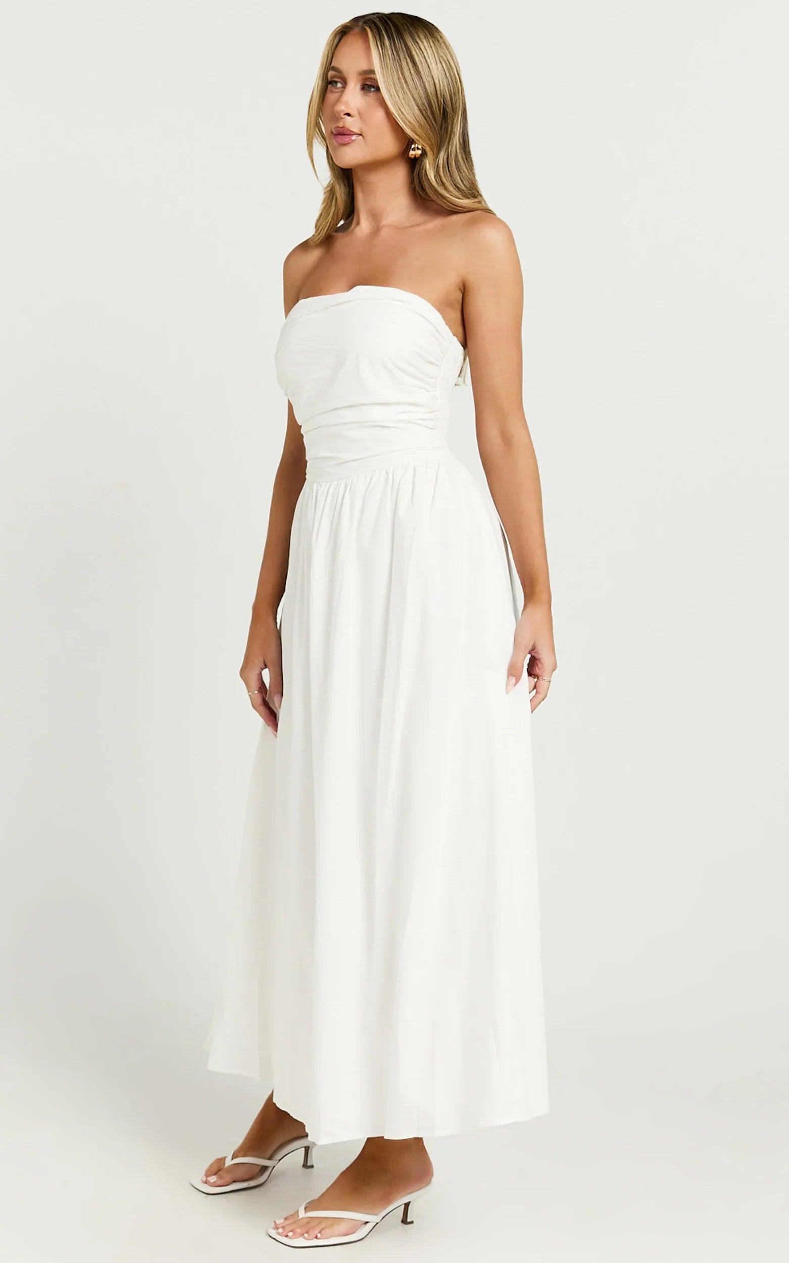 Polly Midi Dress Strapless Ruched Dress in White