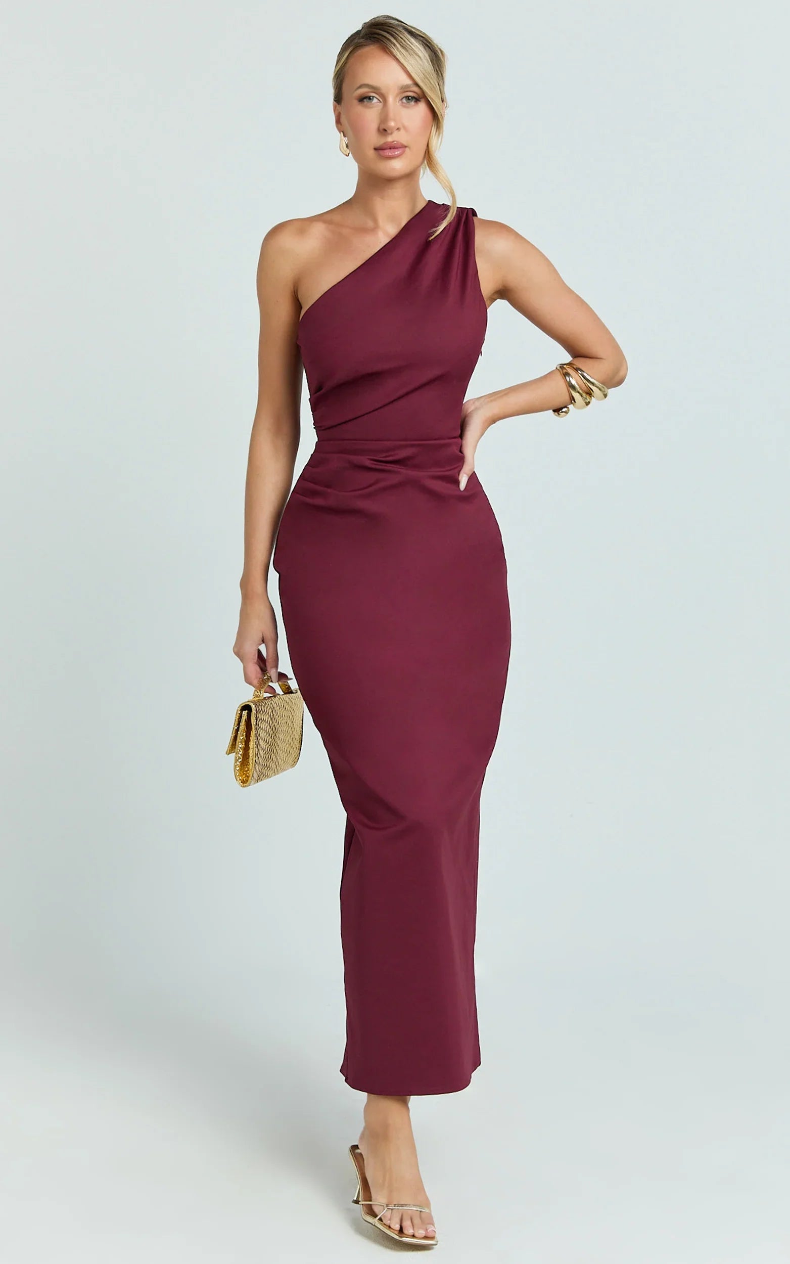 Karlie Midi Dress One Shoulder Fitted Dress in Wine