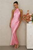 The Cleo Halter Satin Maxi Dress Candy