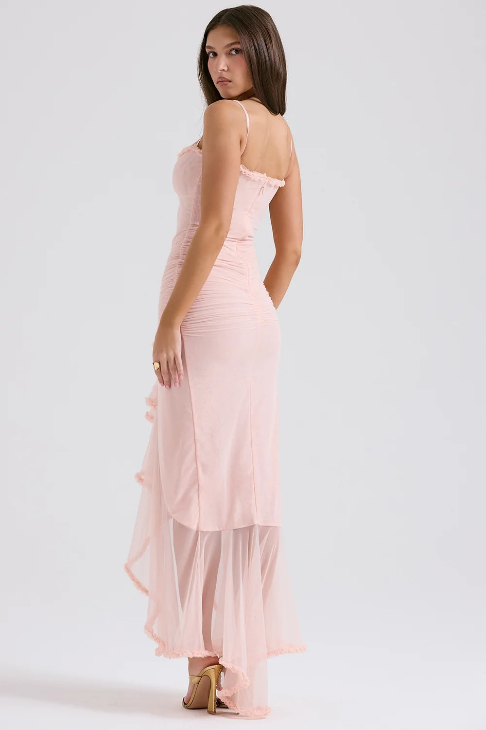 soft peach ruffled front gown
