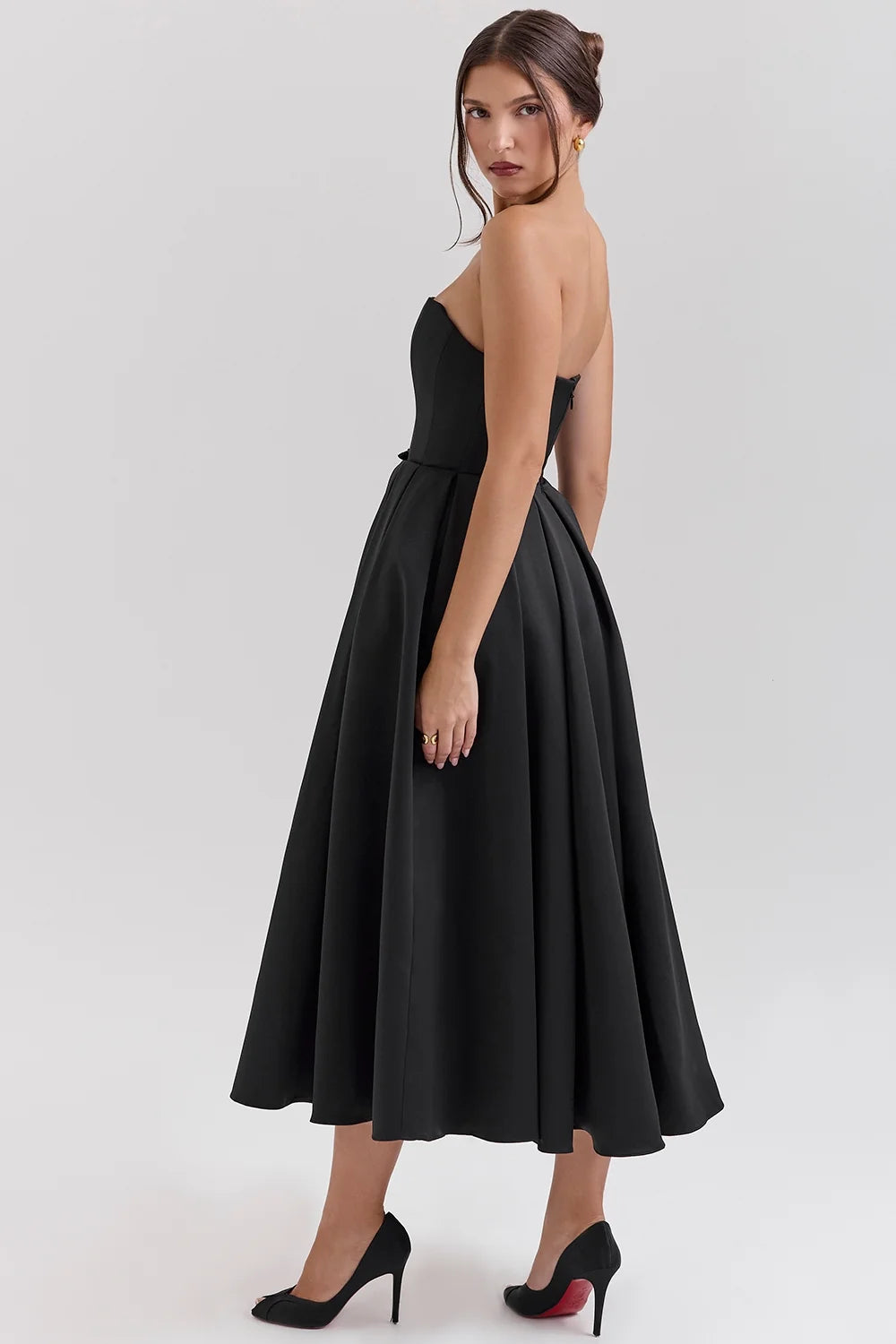 black strapless satin corset midi dress sale