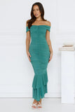 Tanisha Off Shoulder Mesh Midi Dress Green