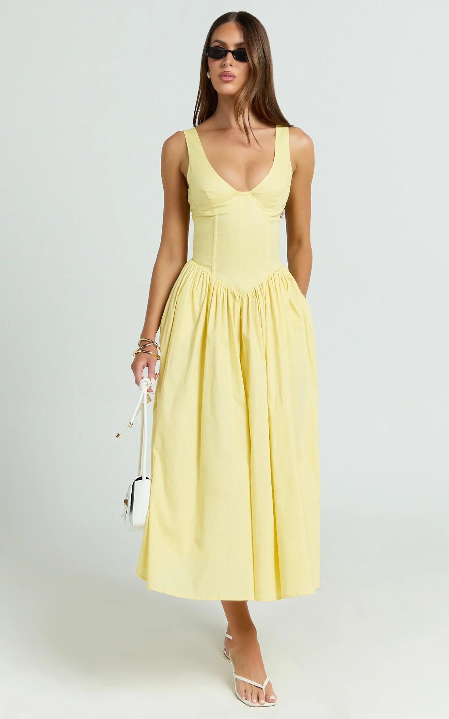 Beckett Midi Dress Scoop Neck Drop V Waist Gathered Skirt Dress in Butter Yellow