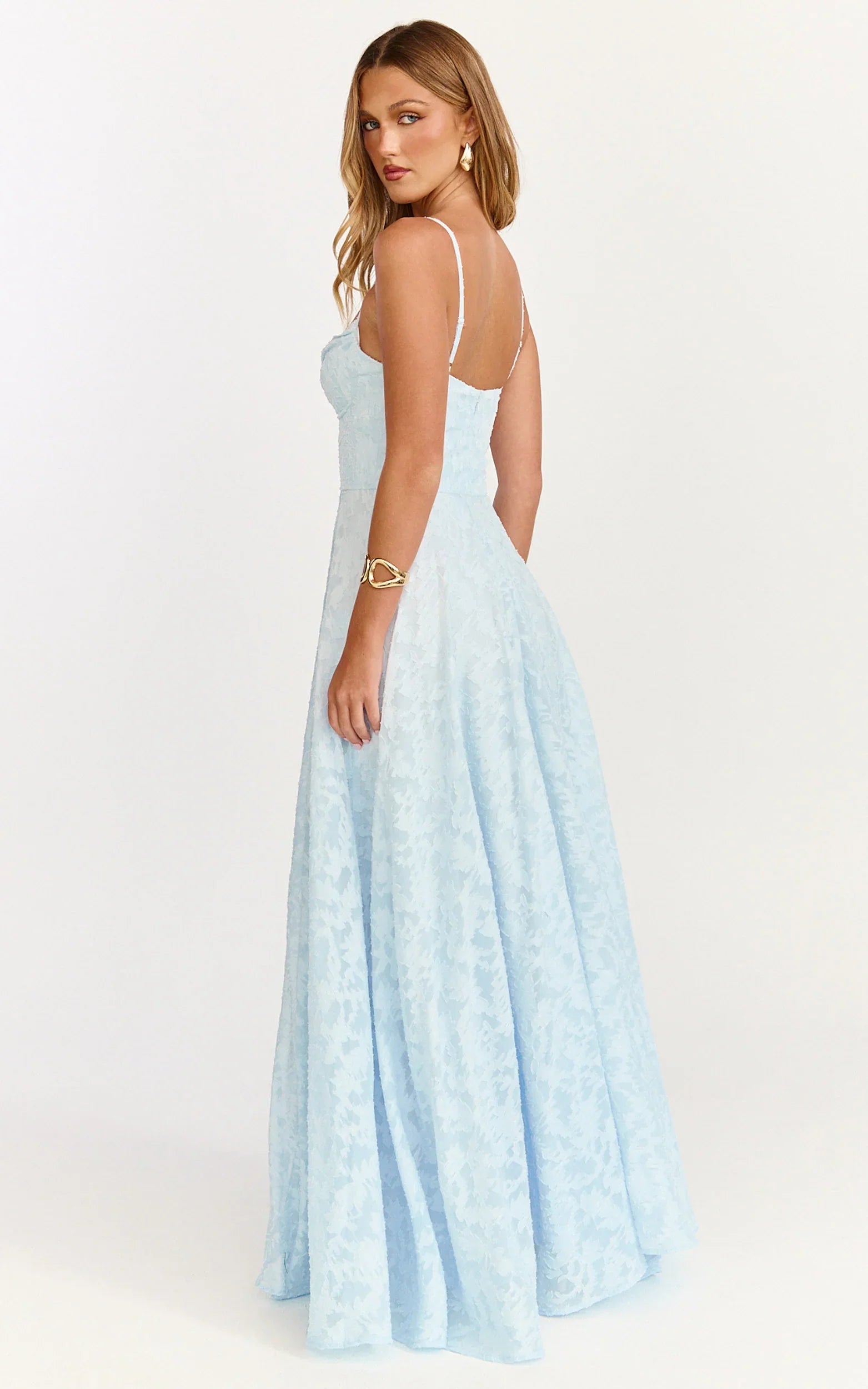 Rachel Maxi Dress Sweetheart Neckline Jacquard Front Split Dress in Ice Blue