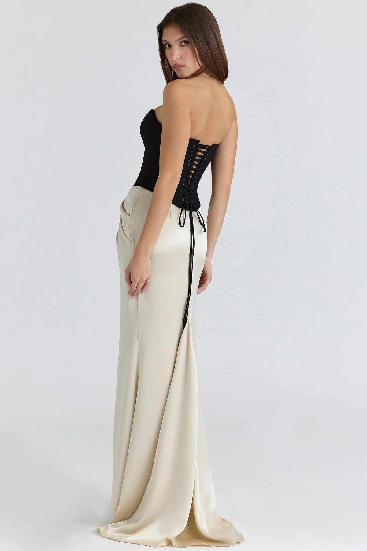 black champagne corset maxi gown