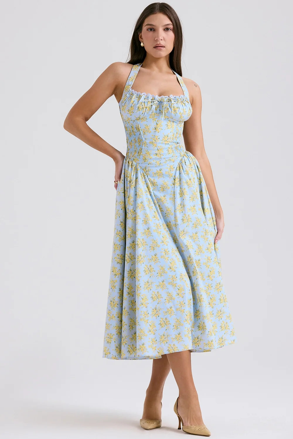 soft blue vintage floral print cotton halter sundress