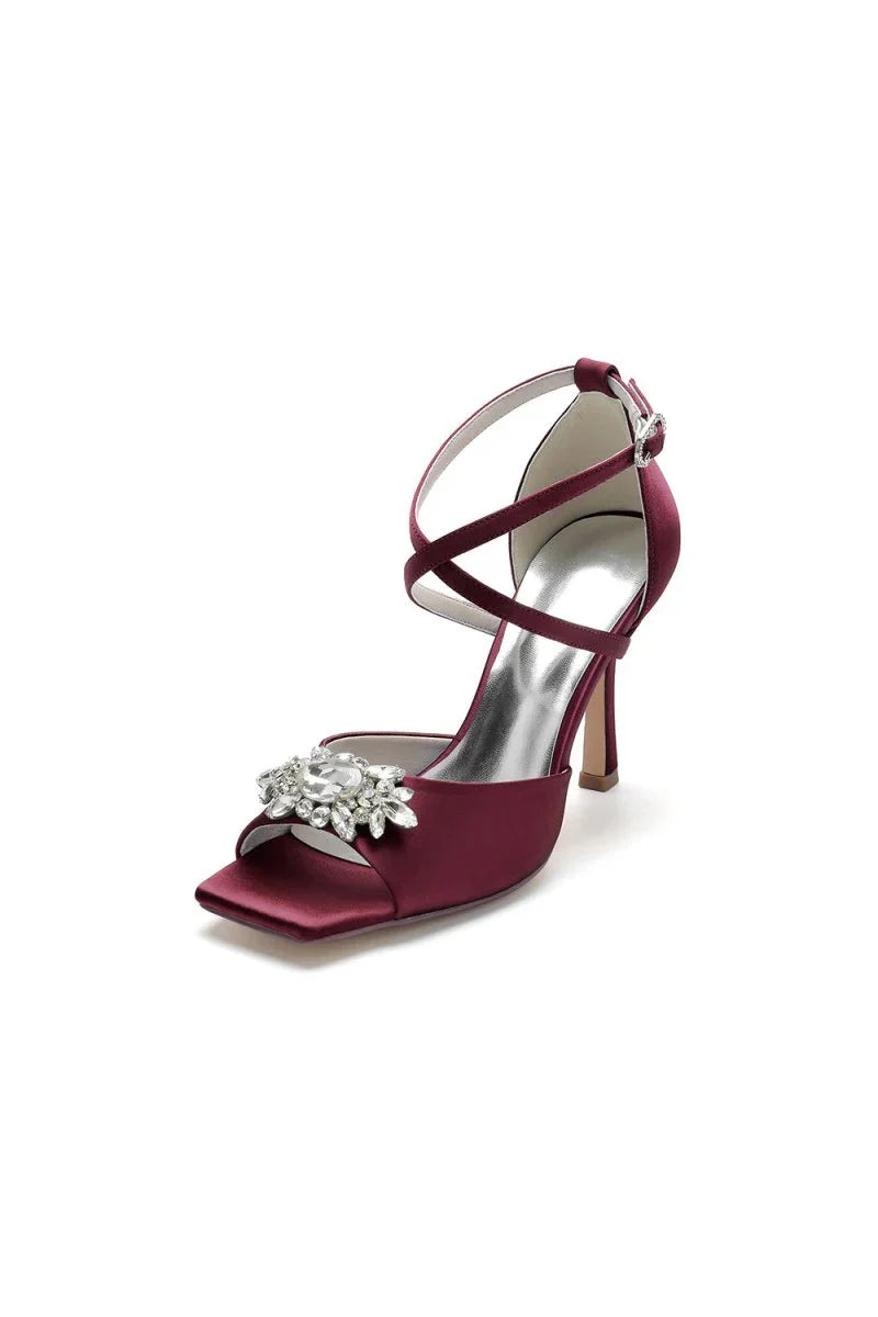 Crystal Buckle Square Open Toe Cross Straps Chunky Heels