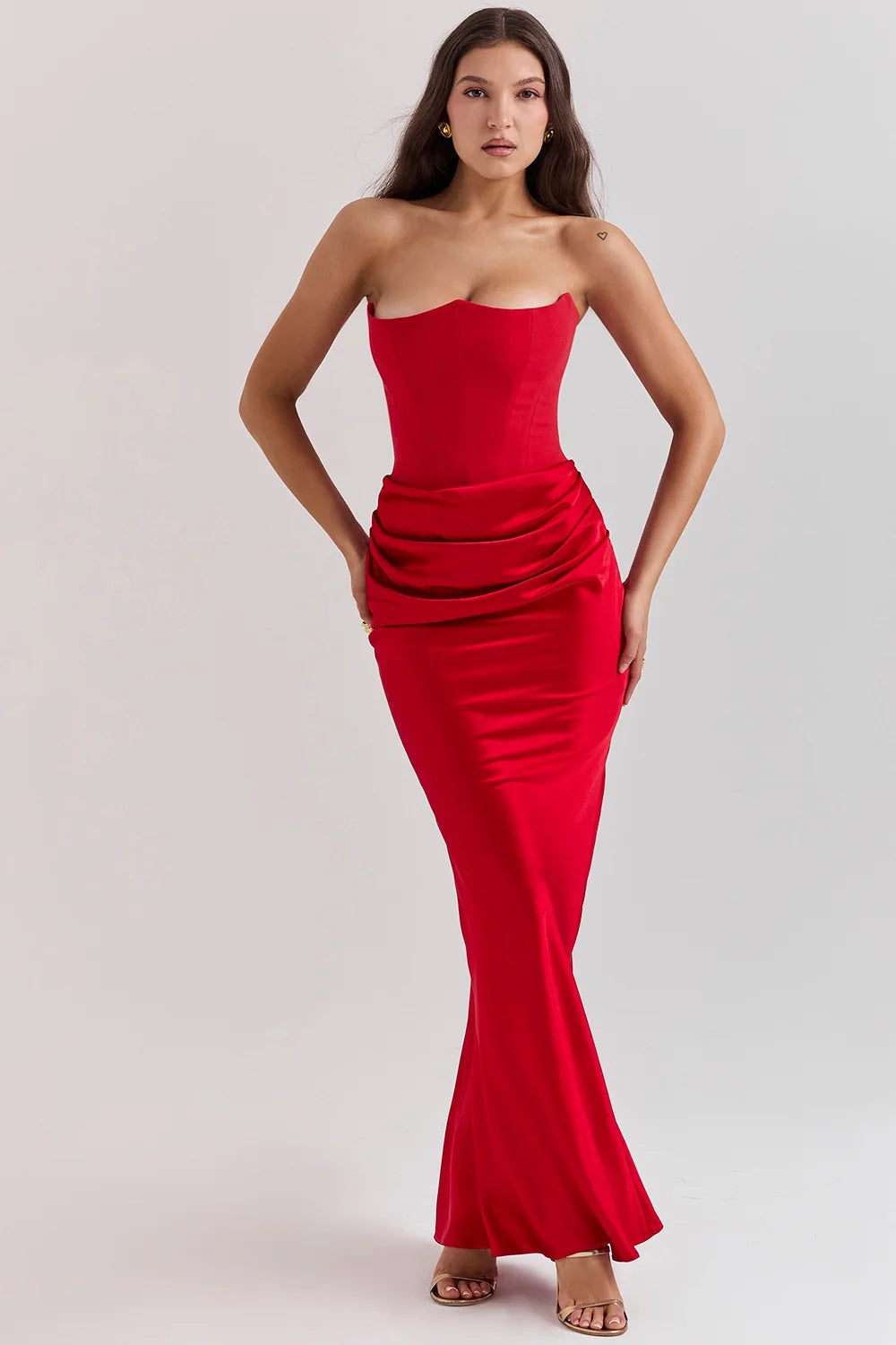 scarlet strapless corset maxi dress