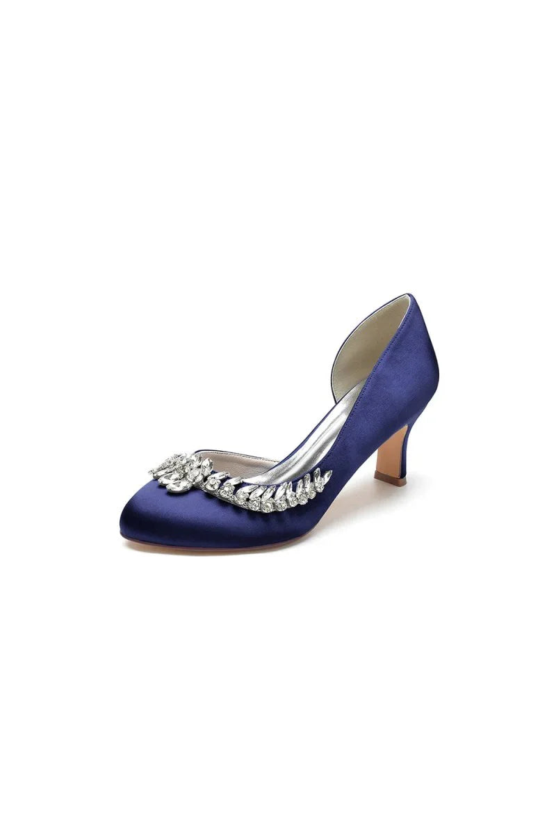 Round Toe Crystal Leaf Chunky Heels