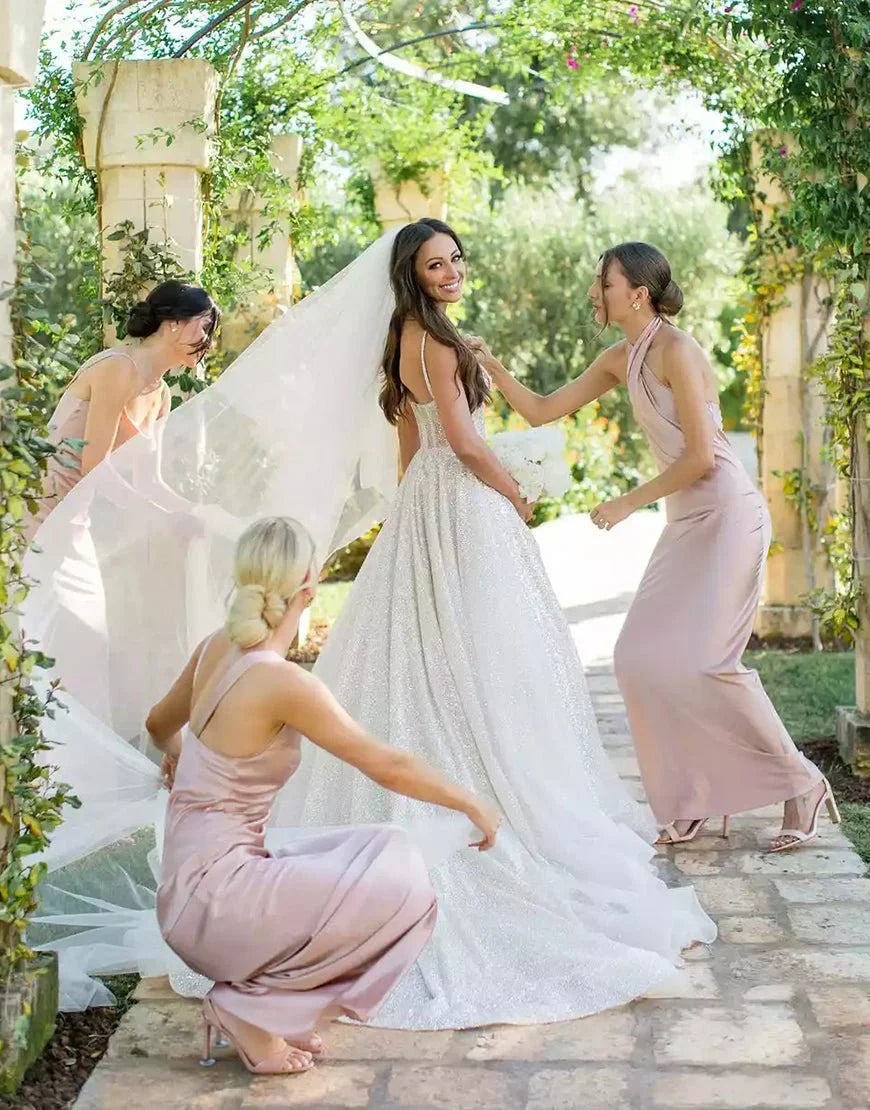 Mismatched Sheath Silk Blush Long Bridesmaid Dress
