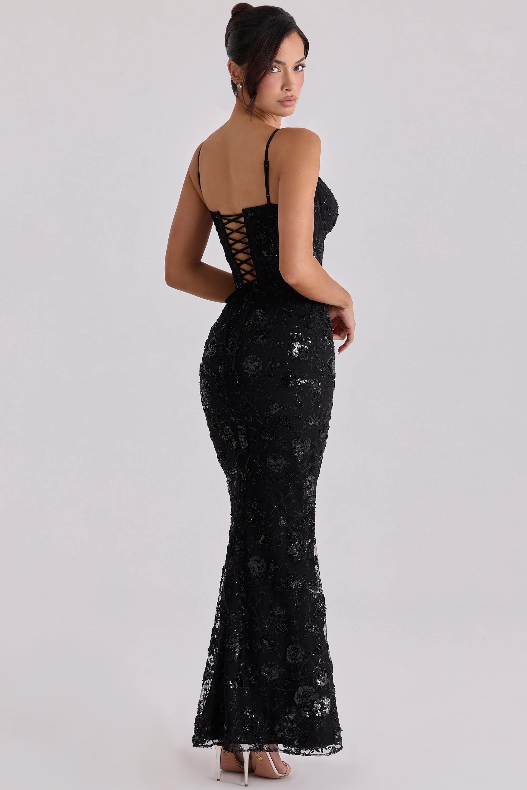 black hand beaded embellished corset maxi dress limited edition