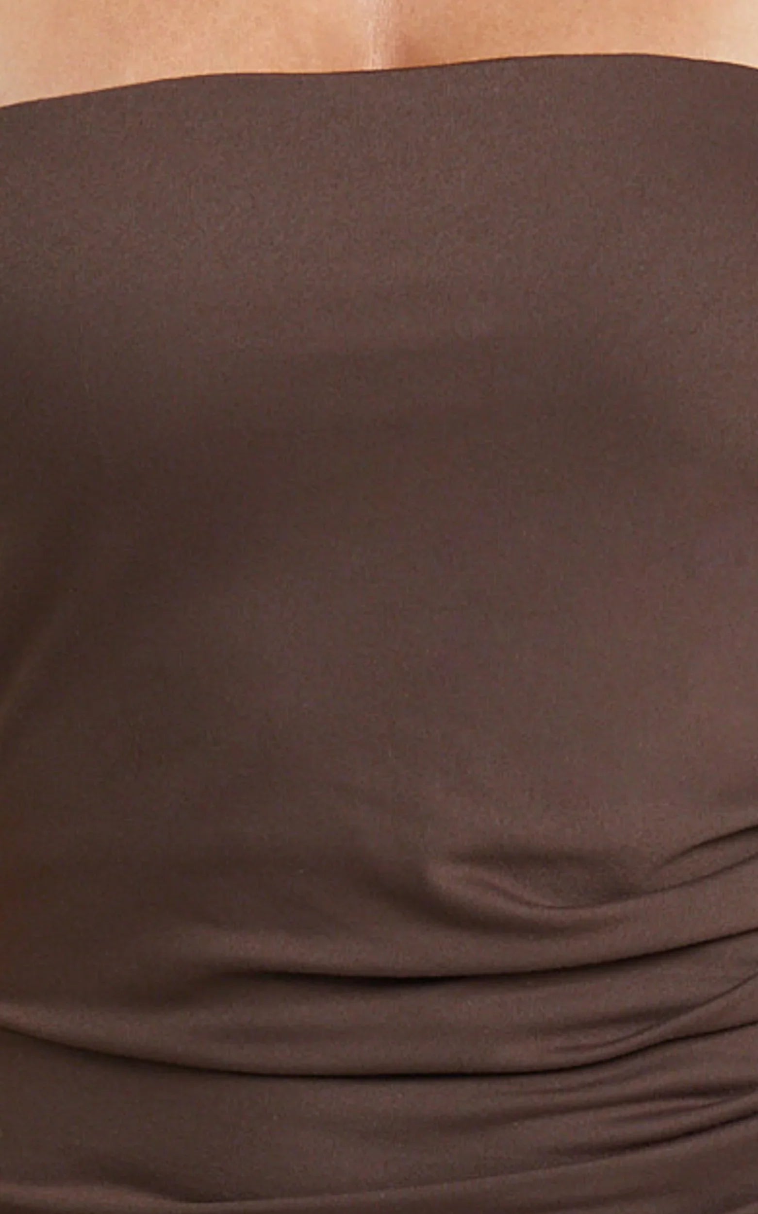 Natasha Midi Dress Strapless Ruched Column Dress in Chocolate