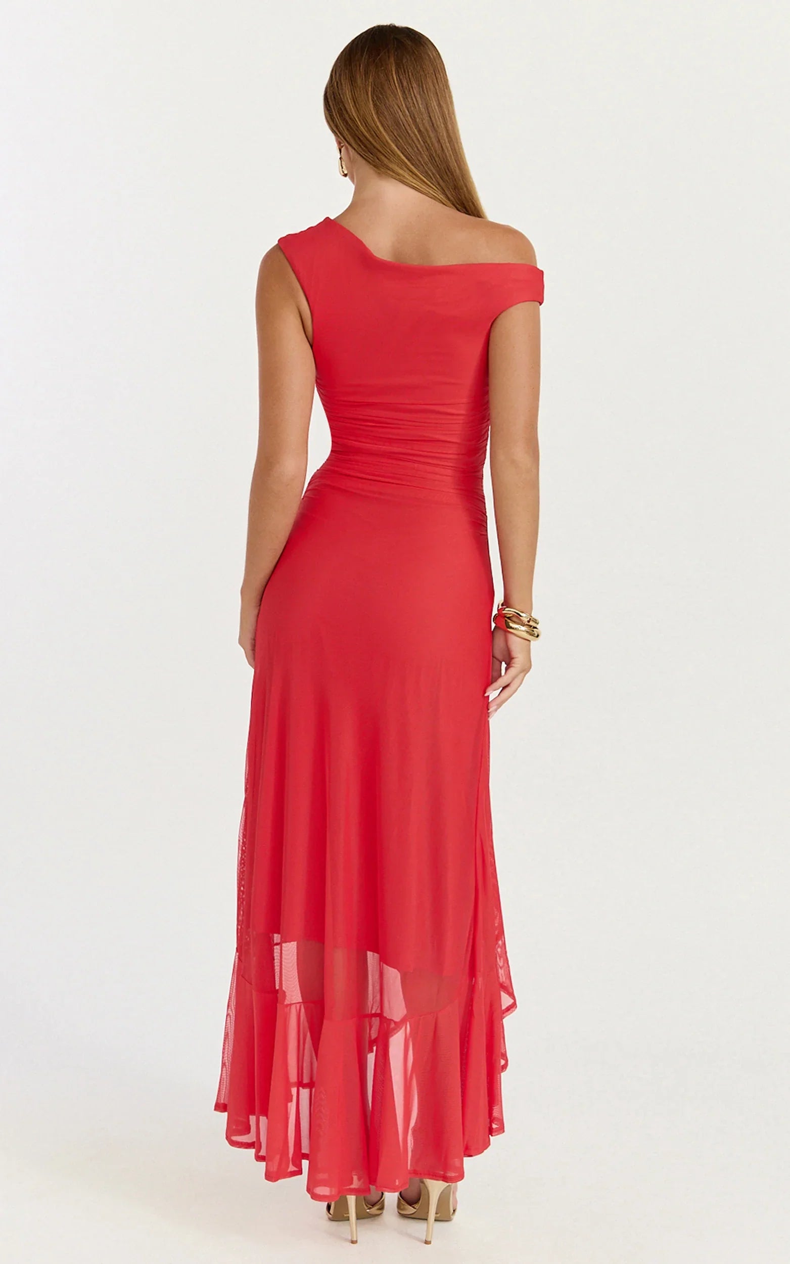 Judee Midi Dress One Shoulder High Side Split Dress in Red