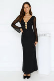 Golden Flower Mesh Long Sleeve Maxi Dress Black