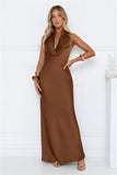 Cherry Whirl Satin Halter Maxi Dress Brown