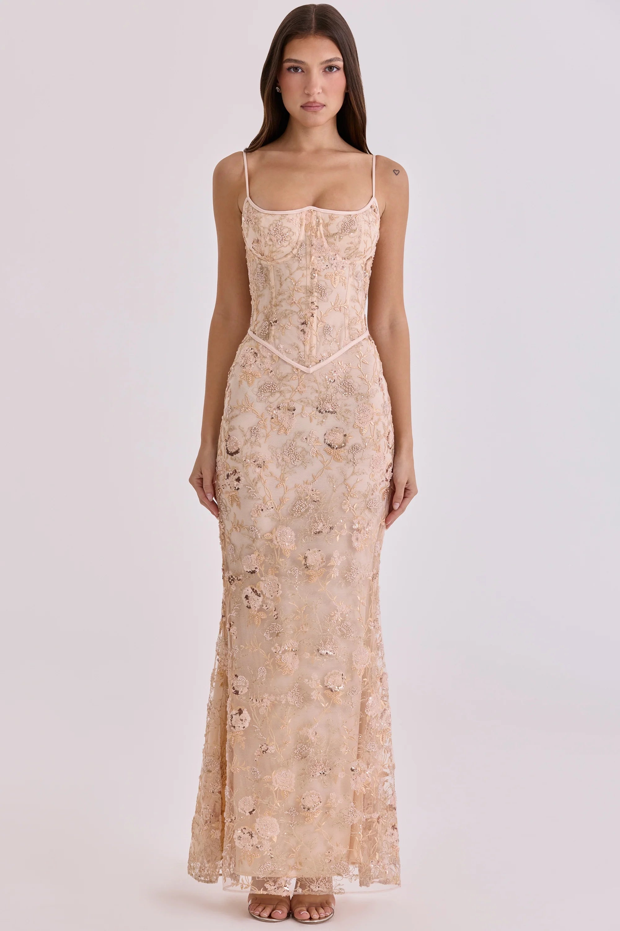 peach hand beaded embellished corset maxi dress limited edition