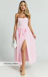 Morris Midi Dress Linen Scoop Neck Gathered Dress in Pink