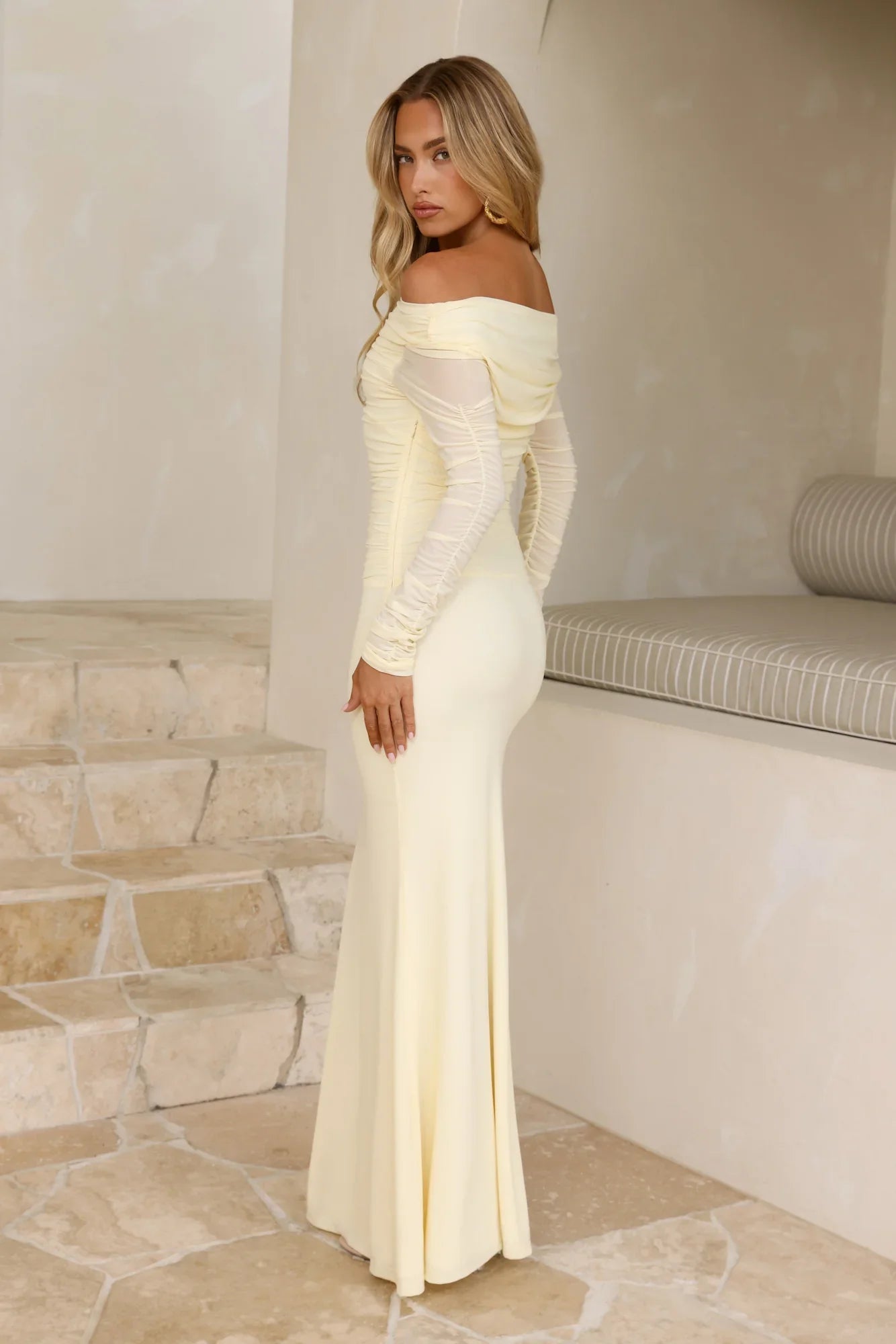 Glam Mesh Off Shoulder Maxi Dress Yellow