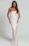 Charlita Maxi Dress Strapless Cowl Back Satin Dress in Pale Pink