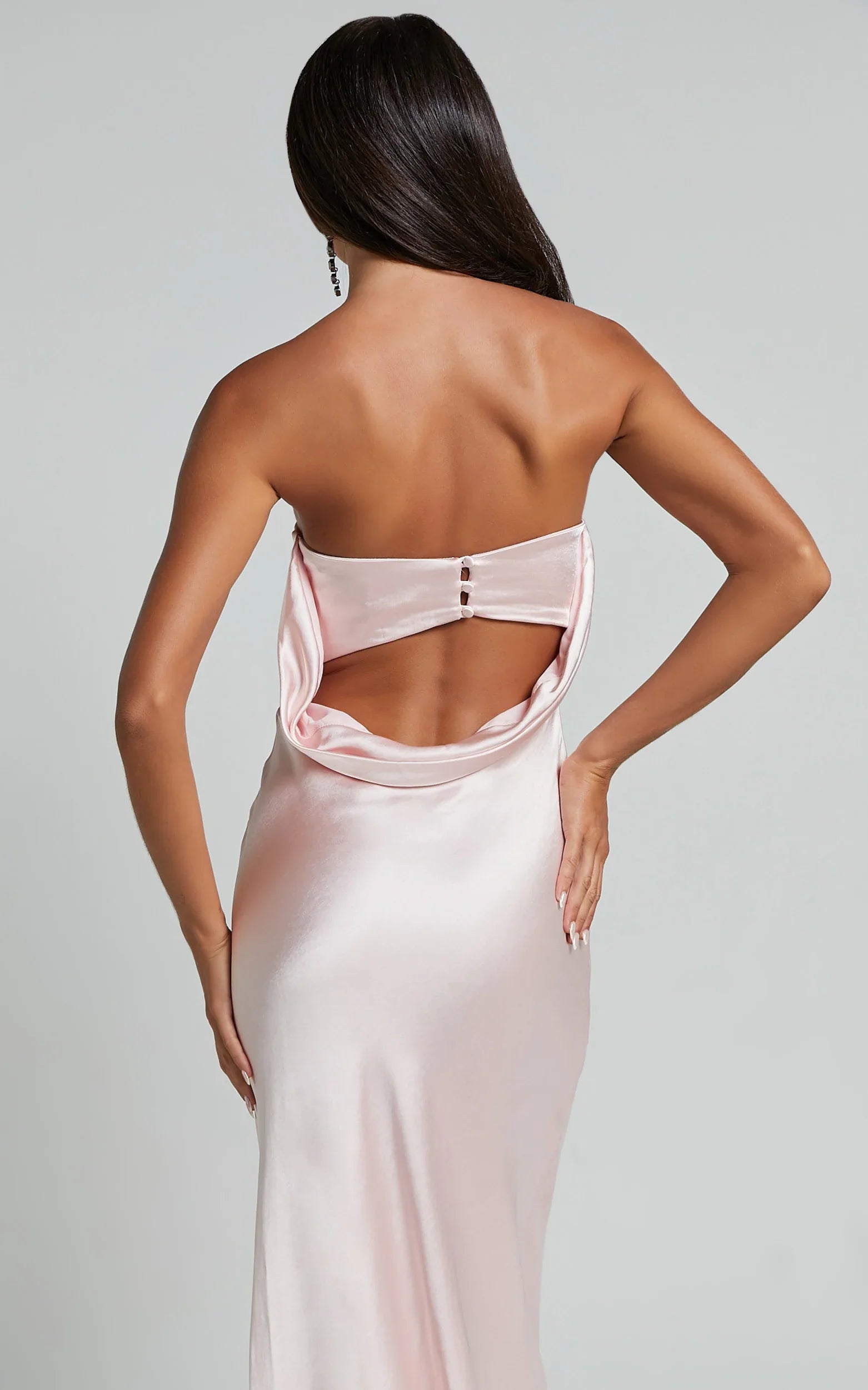 Charlita Maxi Dress Strapless Cowl Back Satin Dress in Pale Pink