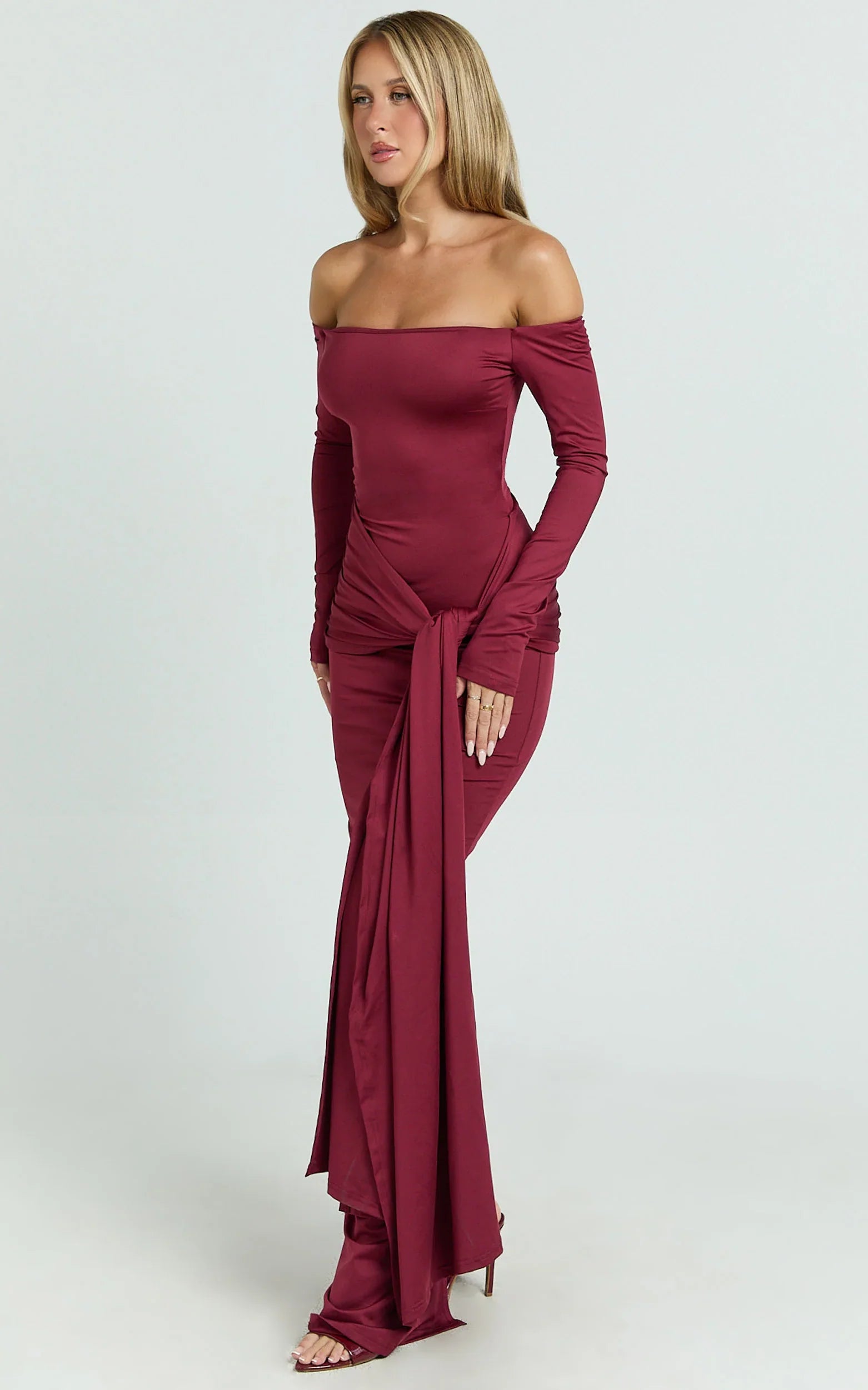 Judith Maxi Dress Boat Neck Backless Tie Front Long Sleeve Jersey Dress in Wine