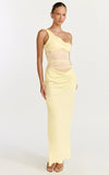 Elias Maxi Dress Twisted One Shoulder Cowl Dropped Waist Dress in Lemon