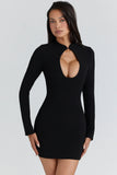 black crepe keyhole silhouette mini dress
