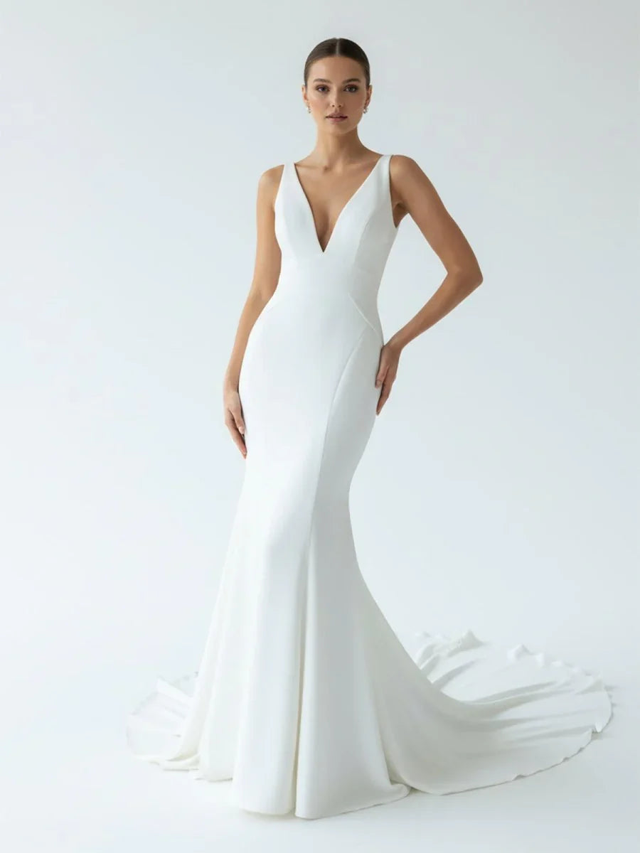 Simple Mermaid V Neck Satin White Wedding Dresses