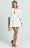 Shailene Mini Dress Tie Front Puff Sleeve Recycled Denim Dress in Ecru