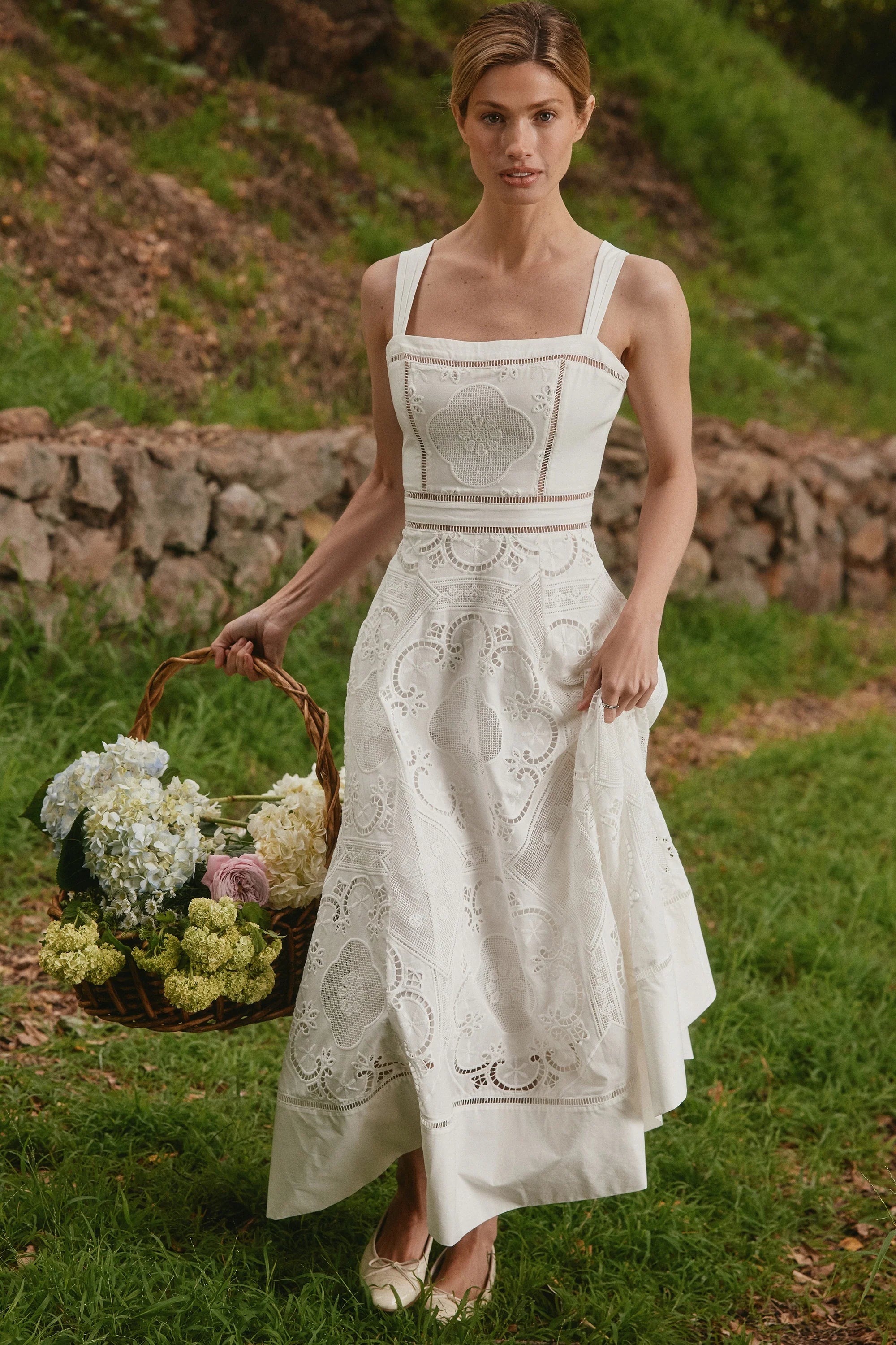 white stretch cotton broderie anglaise midi dress