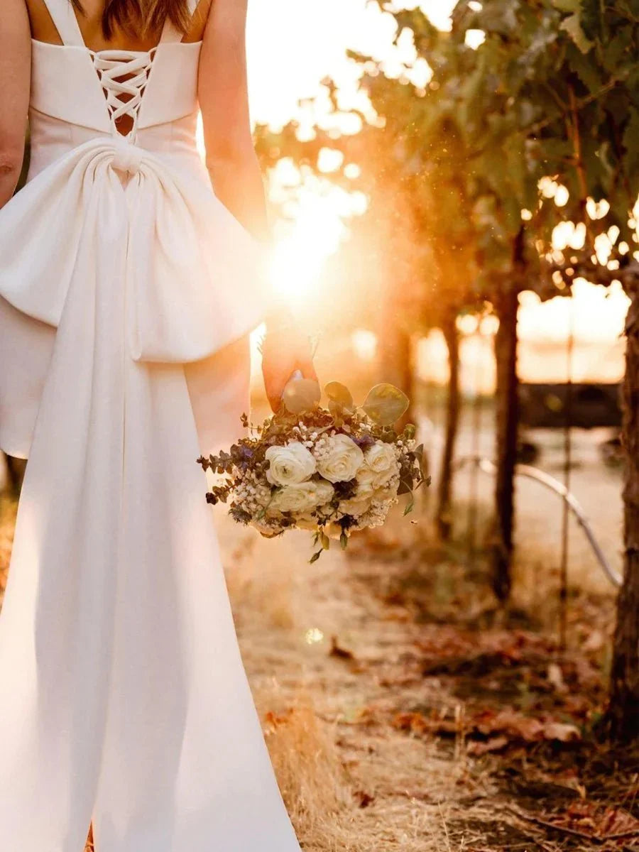 Square Neck White Satin Short Wedding Dress with Bow Back and Veil