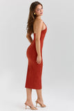 terracotta stretch cotton fitted midi dress
