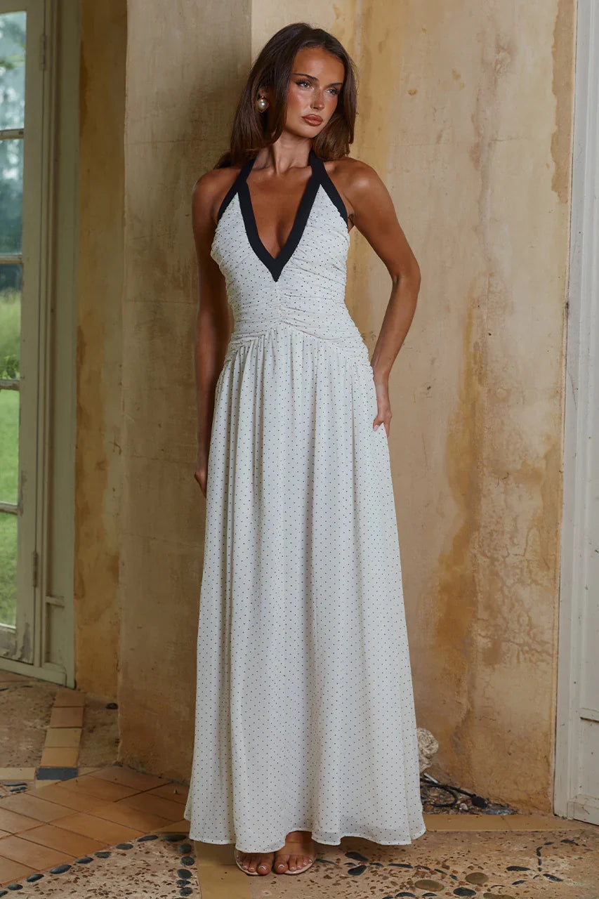 CAROLINA HALTER RUCHED MAXI DRESS IVORY BLACK POLKA