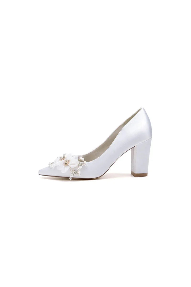 Pointed Toe White Rhinestone Chunky Heels with Flower