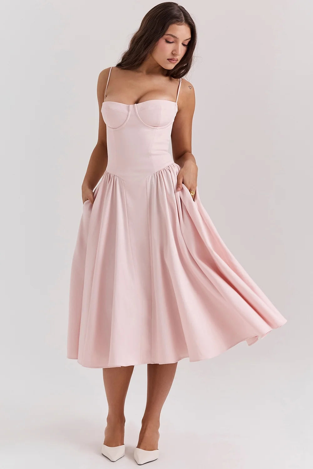 ballerina pink twill corset midi dress