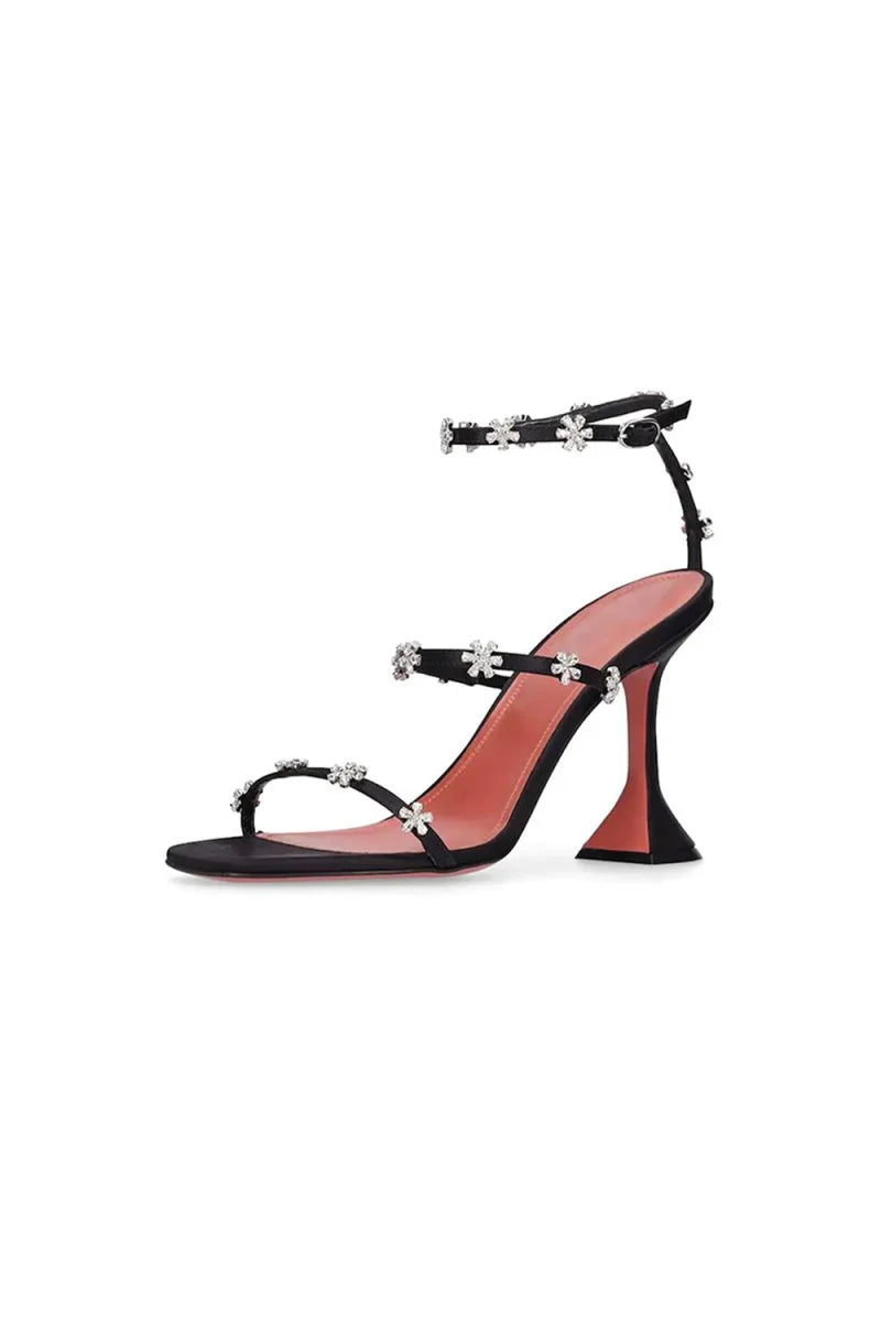 Black Ankle Straps Open Toe Chunky Heels with Flower Rhinestones