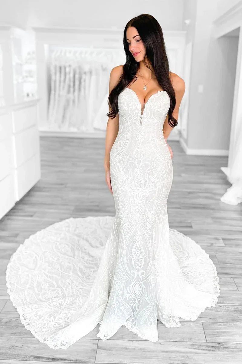Mermaid Strapless White Lace Wedding Dresses