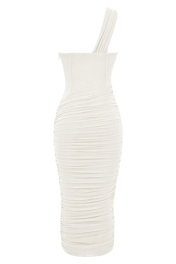 ivory asymmetric cutout midi dress