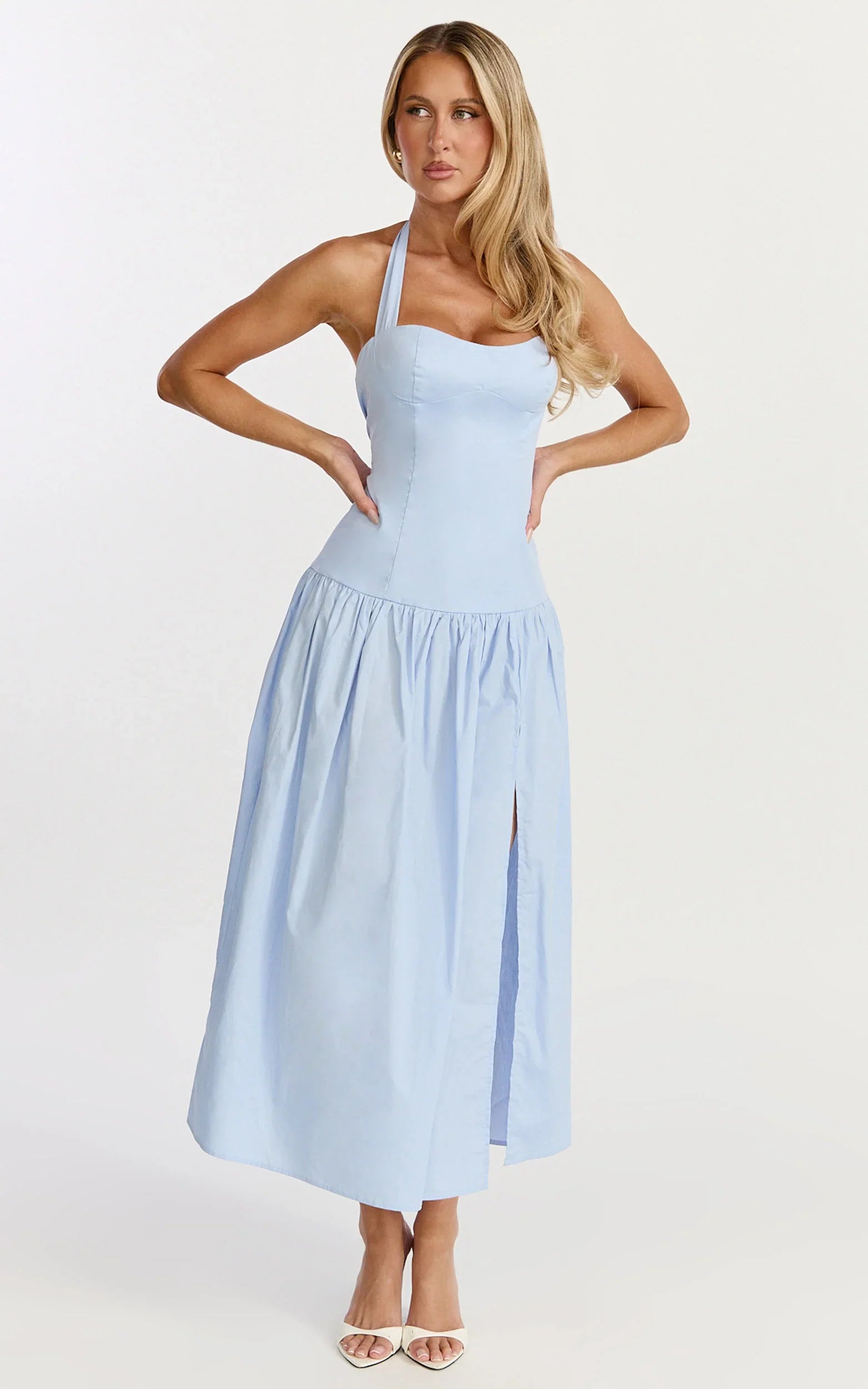 Nyx Midi Dress Halter Neck Drop Waist Dress in Blue