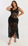 Tatum Midi Dress Lace Off Shoulder Side Split Dress in Black